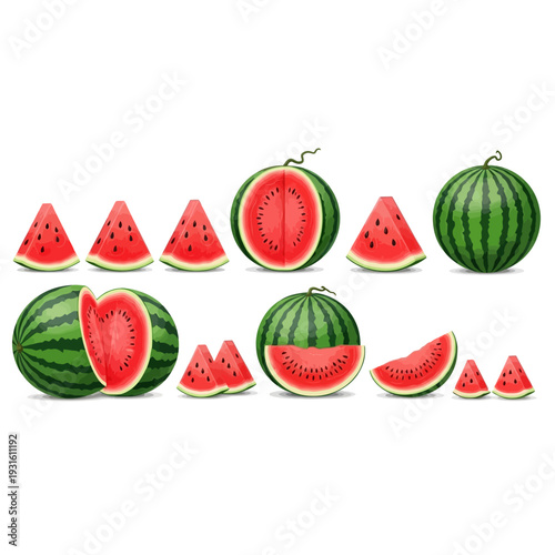 Realistic set of fresh whole and sliced watermelons, including wedges and halves, showcasing vibrant red flesh and green rind on an isolated white background, perfect for summer themes.
