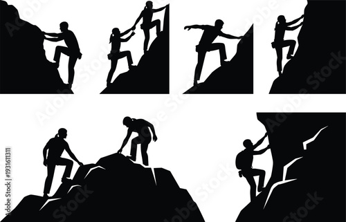 Mountain climbers silhouettes helping each other reach summit teamwork adventure hiking rock climbing success vector illustration set