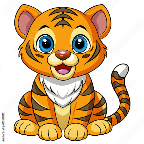 Cute cartoon tiger cub sitting and looking directly at the viewer with a playful expression isolated on white background, Vector