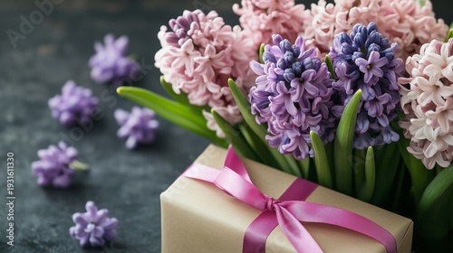 Pink and Purple Flowers With a Gift Box Tied With Ribbon on a Dark Background