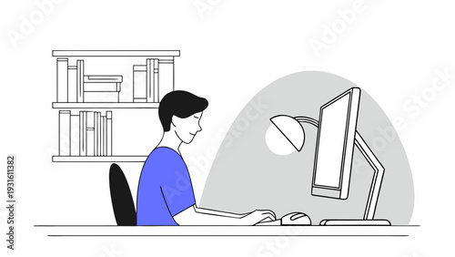 A person working diligently at a desk with a computer and lamp. isolated on white background, Vector