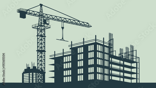 Construction crane overseeing a developing urban skyline with modern buildings isolated on white background, Vector