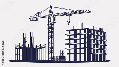 Construction site with cranes and newly built residential buildings under development isolated on white background, Vector