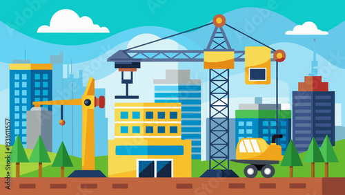 Construction scene with cranes and buildings in a bustling urban environment isolated on white background, Vector