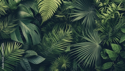 Lush Tropical Rainforest Foliage with Dense Green Leaves and Ferns