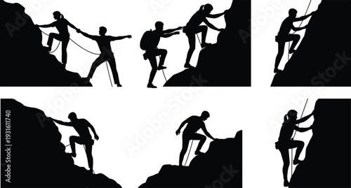 Mountain climbers silhouettes hiking climbing teamwork adventure rock climbing expedition outdoor challenge vector illustration set