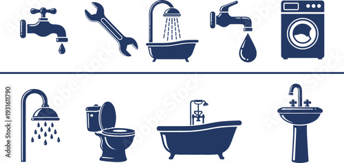 Plumbing and Bathroom Equipment Icon Set with Faucet Shower Bathtub Toilet Sink and Washing Machine Silhouette Vector Collection