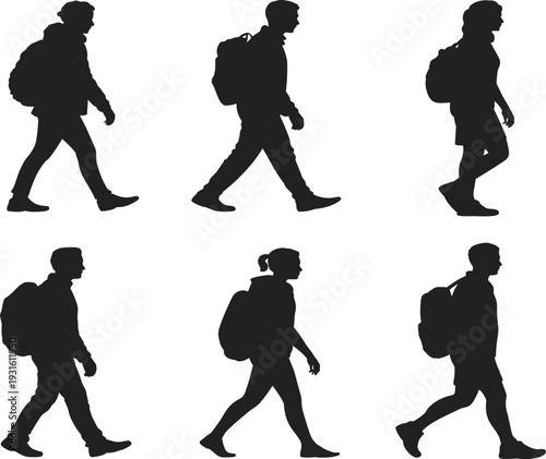 Walking people silhouettes collection set, students with backpacks, diverse hikers or travelers in motion figures