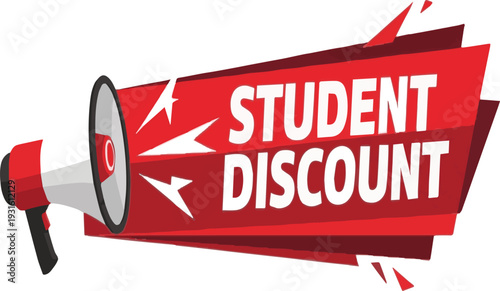 Red megaphone announcing student discount with white text and lightning bolt graphics