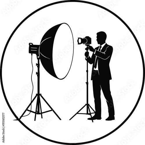 Professional photographer silhouette shooting with studio light and camera equipment creative photography photoshoot concept vector illustration isolated