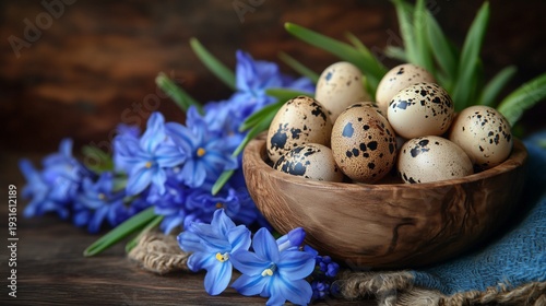 Decorative Bowl Holds Speckled Eggs With Blue Flowers and Green Leaves on Woo...