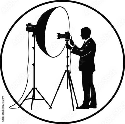Photographer silhouette using studio lighting and camera professional photography equipment photoshoot creative work vector illustration concept