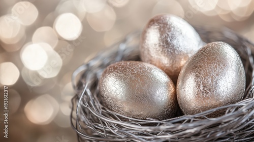 Nest With Shiny Eggs Resting on a Table With Blurred Background Lights During...