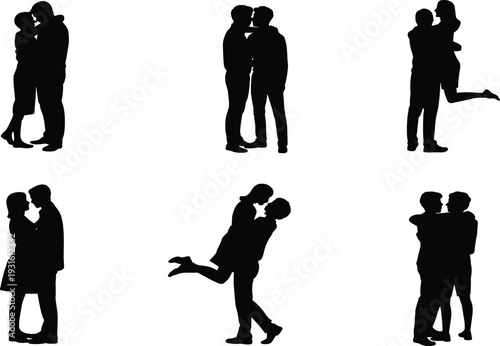 Romantic couple silhouettes collection set, man and woman hugging and kissing, love and wedding relationship elements