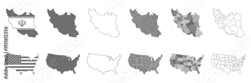 Set map flag of USA and Iran isolated on white background