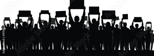 Protest crowd silhouettes holding banners demonstration rally people activism social protest movement strike rights vector illustration