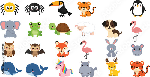 Cute cartoon animal collection featuring a diverse set of wildlife characters like tiger, elephant, whale, owl, and unicorn for kids design