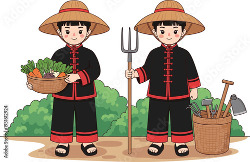 Traditional Asian Farmers Holding Harvest Basket and Farming Tools in Rural Field Cartoon Vector Illustration Isolated on White Background
