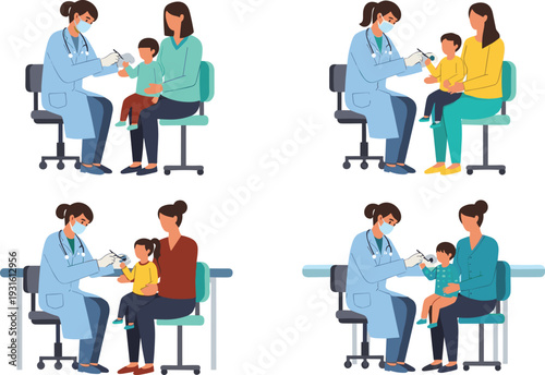 Female doctor in medical face mask giving vaccination to small child sitting on mother lap for healthcare, protection, and immunization