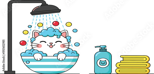 Cute Cartoon Cat Taking Bubble Bath Under Shower with Soap Bottle and Towels Adorable Pet Hygiene Vector Illustration