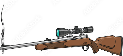 Realistic Sniper Rifle with Scope and Smoking Barrel Isolated on White Background Detailed Tactical Firearm Vector Illustration