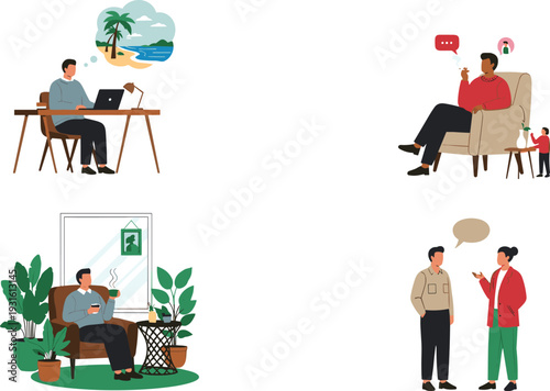 Man working at desk dreaming of beach, person smoking in armchair, man drinking coffee near plants, and people talking in flat illustration