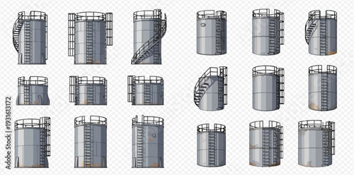 Set of industrial storage tanks, silos, and containers for various liquids and bulk materials.