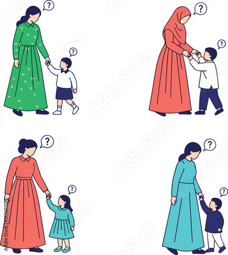 Mother and child in various outfits including traditional hijab standing and holding hands with question mark bubbles for curiosity and guidance