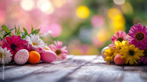 Colorful Eggs and Flowers Decorate a Wooden Table in Springtime Outdoors