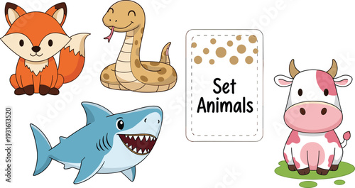 Set of four cute cartoon animals featuring a friendly orange fox, a smiling spotted snake, a grey shark, and a pink cow.