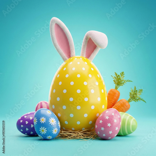3D Easter Egg with Bunny Ears and Colorful Decorated Eggs on Blue Background