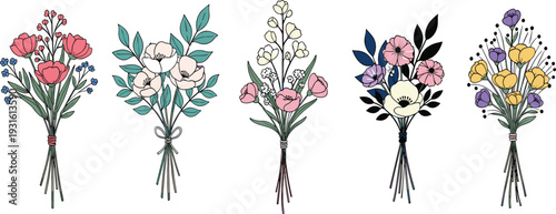 Set of Hand Drawn Floral Bouquet Vectors with Wildflowers, Pastel Blossoms and Botanical Leaves Isolated on Light Background