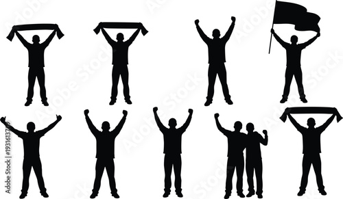 Soccer fans silhouettes cheering with scarves and flags celebrating victory supporter crowd team spirit stadium vector illustration set