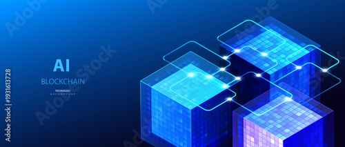 Big DATA isometric blockchain connected concept. Blue neon block network design. Futuristic cubes big data computing. Ai technology banner. Science and business vector.