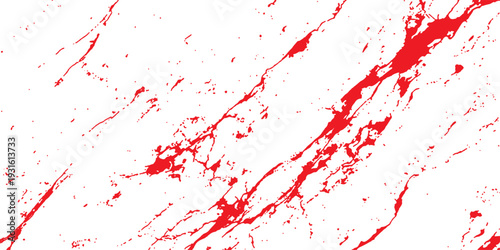 Red paint splashes and ink splats create a grunge liquid texture with blood red drops and spray patterns in a vector illustration design on a stained wall background