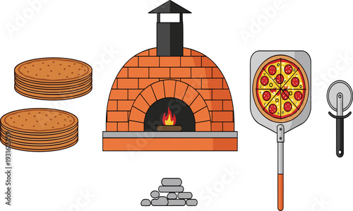 Vector set of traditional pizza making equipment including brick oven pepperoni pizza on peel cutter and dough isolated on white background