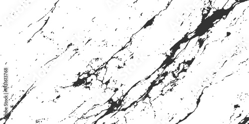 A grunge vector illustration of a black ink splat pattern featuring liquid paint splashes and dirty splatter stains on a white paper texture backdrop