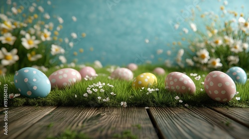Colorful Easter Eggs on Grass With Flowers in a Garden Setting