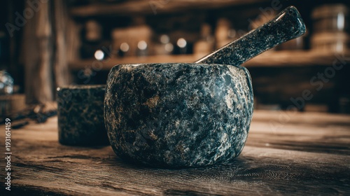Rustic stone mortar and pestle set for grinding herbs and spices on a wooden surface