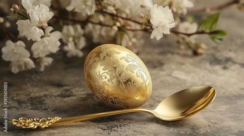Golden Egg and Spoon Placed on Wooden Table Next to Pine Branches in Festive ...