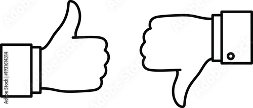 Thumbs up and thumbs down hand gesture icons feedback like dislike approval rating concept outline vector illustration