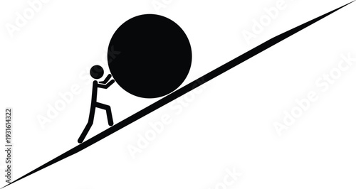 Stick figure pushing heavy boulder uphill perseverance challenge determination effort motivation success concept vector illustration isolated