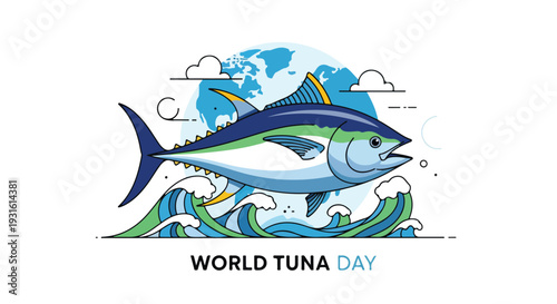 Illustration of a tuna fish jumping out of the ocean waves with a globe in the background, celebrating World Tuna Day with a colorful and dynamic design.