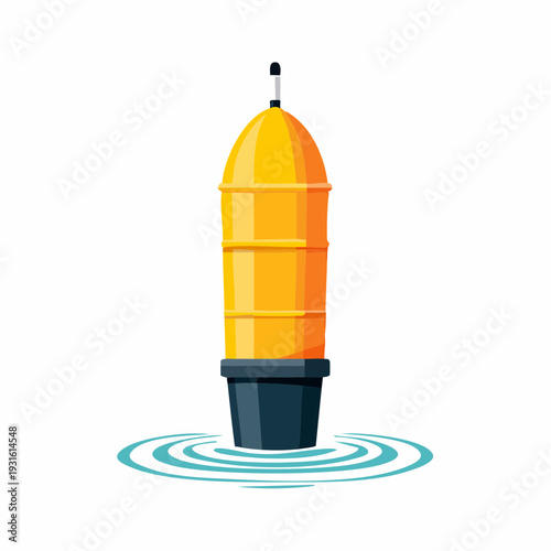 Yellow navigation buoy with wavy water ripples on a white background