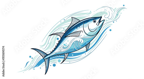 Illustration of a blue fish swimming through stylized waves on a white background with a dynamic and fluid motion.