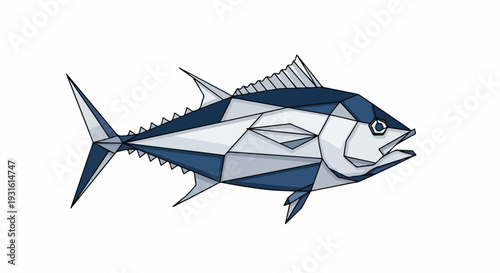 Illustration of a tuna fish in profile view with geometric shapes and shades of blue and gray on a white background.