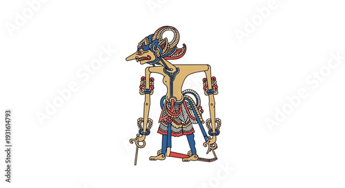 Indonesian Wayang Puppet Illustration, Ornate Traditional Shadow Theatre Character Isolated