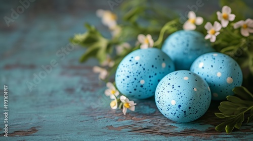Colorful Blue Eggs in a Nest Surrounded by Flowers on a Wooden Table