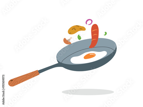 Fried eggs and sausages in a hot pan, breakfast with fried food