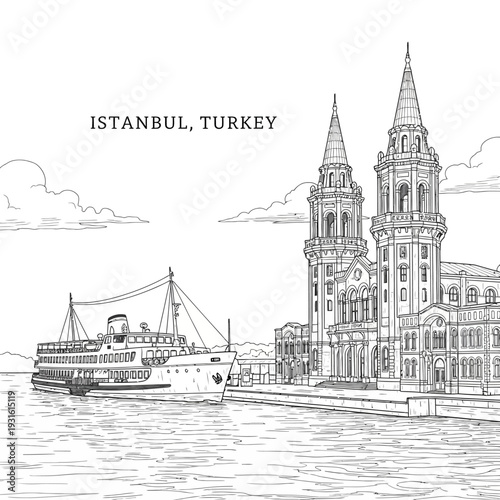 Illustration of Istanbul cityscape with famous landmark and boat on water.